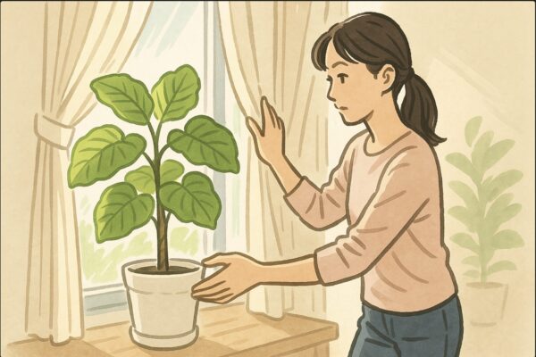 日本人女性が日当たりの良い窓際へウンベラータの鉢を移動させているところ。片手で鉢を持ち上げ、もう片方の手でカーテンを調整しながら光量を確かめている姿。植物の葉が明るく照らされている室内。