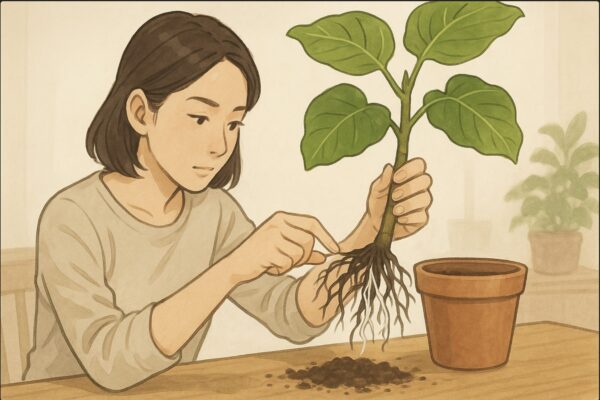 日本人女性が鉢からウンベラータをゆっくり引き抜き、根の状態(根詰まりや根腐れ)を丁寧に確認している。片手で根を持ち、もう片方の手で白い根と黒い根を比較して見分けている動作。室内の作業テーブル。