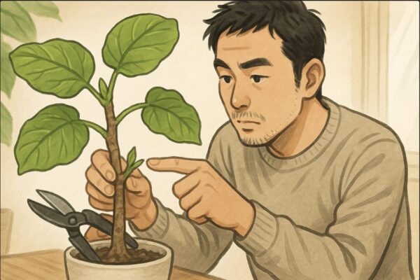 日本人男性が剪定ハサミを手に、ウンベラータの幹の「節」と「脇芽」を慎重に探している。指先で脇芽に触れ、ハサミを当てる位置を確認する“作業前のチェックシーン”。