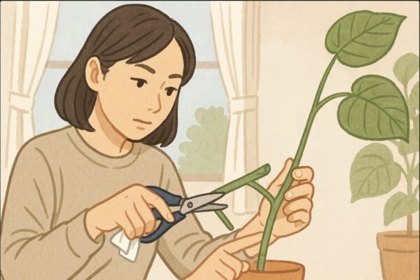 日本人女性がウンベラータの挿し穂を作るために、清潔な剪定バサミをアルコールで拭き、枝の節の位置を指で確認しながらカット寸前の状態を見極めている場面。準備の流れがわかる構図。