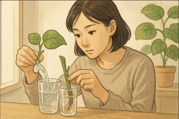 日本人女性が透明コップの水を交換し、濁りがないか目視で確認しつつ、ウンベラータの挿し穂の状態(根・切り口)を観察している場面。衛生管理の動作が分かる構図。