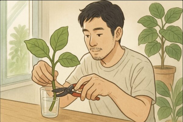 日本人男性が室内でウンベラータの枝を剪定ばさみでカットし、清潔なガラスのコップへ水差しとして丁寧に挿している場面。明るい日陰の窓際、観葉植物のある空間。動作が明確に分かるシーン。