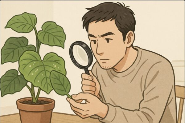 日本人男性が机に置かれたウンベラータの葉を、ルーペ(拡大鏡)で近距離観察している場面。葉の表裏を比較しながら、診断チェックをする動作。シンプルな室内背景。