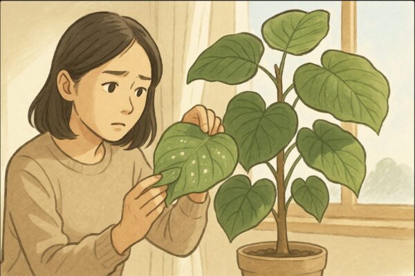 冬の室内、日本人女性が大きなウンベラータを前に、葉の白い斑点を両手でそっと持ち上げながら不安そうに観察している場面。明るい窓辺の光、落ち着いた表情。