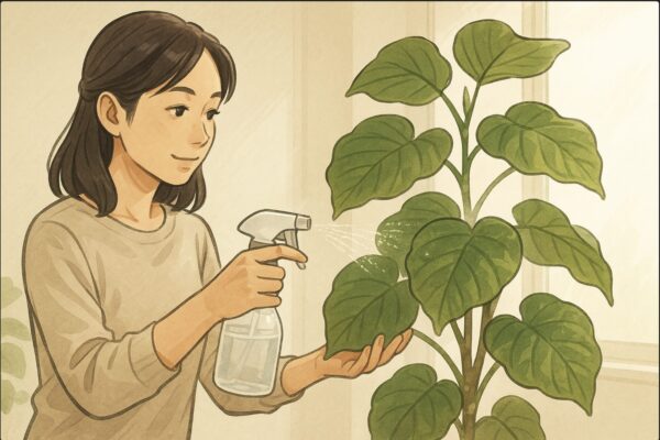 日本人女性がウンベラータに向かってスプレーボトルで葉水を与えている場面。葉の表裏に均等に霧をかける様子がわかる構図。明るい室内。