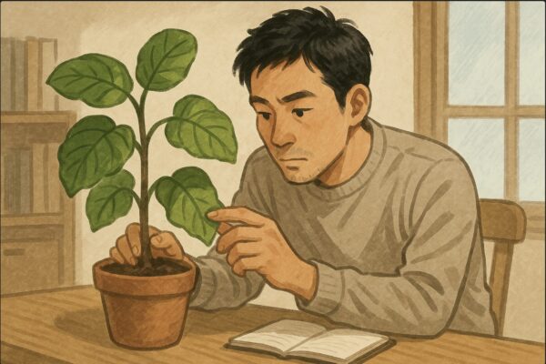 日本人男性が室内でウンベラータを前に、葉の向き・色・乾燥状態など複数のサインを見分けるために、葉や土を丁寧に観察しているシーン。机の上にはメモ帳が開かれている。