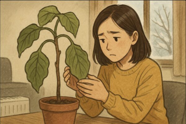 冬の室内で、日本人女性がしおれたウンベラータの鉢を前に、葉が垂れ下がった箇所を心配そうに両手でそっと支えて観察している。背景には暖房の弱い部屋と窓の外の寒さを感じる景色。