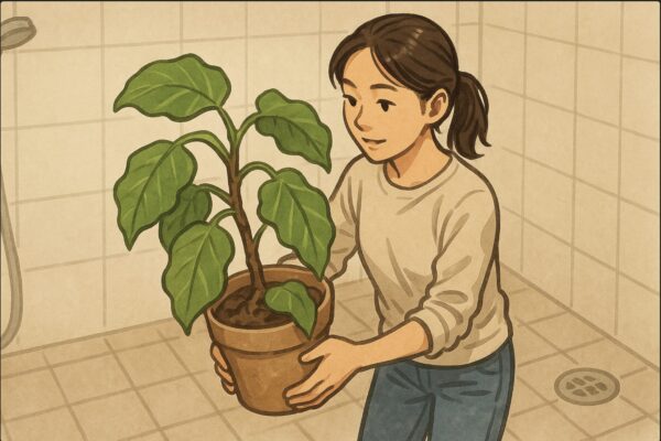 日本人女性が浴室でウンベラータをシャワーで丸洗いする前に、準備として鉢を持ち運んでいるシーン。背景は浴室の床や排水口が見える。