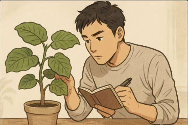 日本人男性がウンベラータを前に、手帳を片手に原因を整理するように鉢を覗き込み、葉や茎を丁寧にチェックしている。観察して原因を探っている様子が分かるシーン。