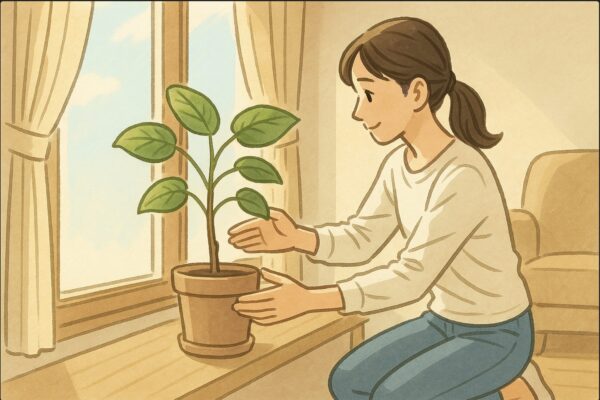 日本人女性が明るい窓辺にウンベラータを配置し直し、鉢の位置を調整している。改善の「動作」が分かるシーン。