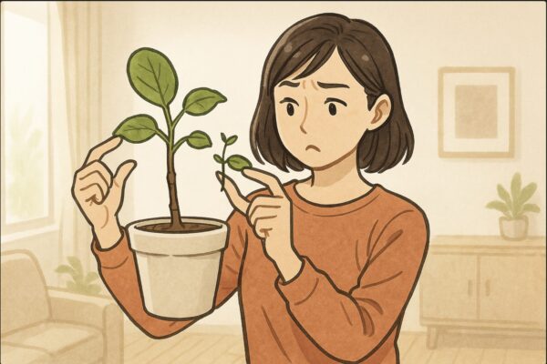 日本人女性がリビングでウンベラータの鉢を両手で持ち上げ、葉のサイズを見比べながら首をかしげている。背景には明るい室内、シンプルなインテリア。葉の大小が分かる構図。