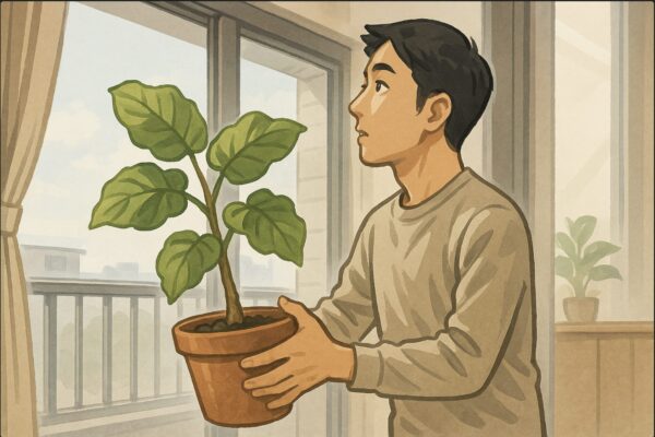 日本人男性が室内からベランダへウンベラータを運び出す前に、日の当たり方や風通しを確認するように周囲を見回している。鉢を片手で軽く持ち上げ、慎重に場所を探す様子。