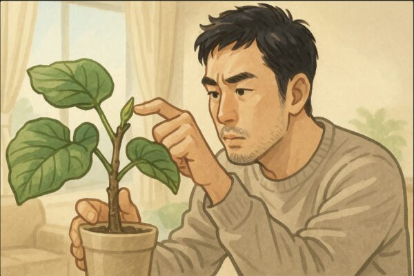 日本人男性が室内でウンベラータを持ち上げ、成長点を近距離でじっくり観察している。新芽の先端を指先で確認しながら、不調のサインをチェックする場面。背景は柔らかい自然光のリビング。