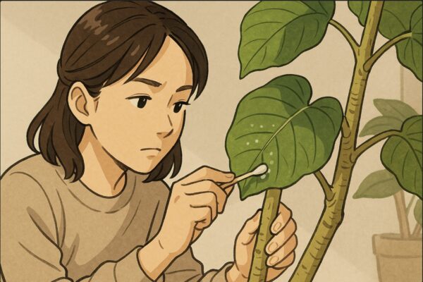 日本人女性がウンベラータの茎の付け根に付着した白い綿状の害虫を、綿棒でこすり落としている場面。真剣な表情で、部分的に除去作業を行う動作が明確。