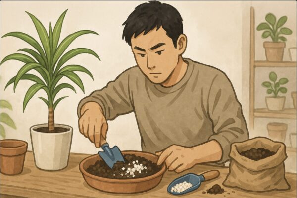 日本人男性が作業台でドラセナ用の土に白いゼオライトを混ぜ込んでいる。スコップを使いながら真剣に配合している様子。道具や鉢が整然と並ぶ明るい室内。