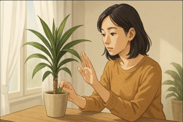 日本人女性が室内窓際のドラセナを日光量を確かめるようにカーテン越しに手をかざして確認している場面。「置き場所を調整する」という動作を明確に見せる。