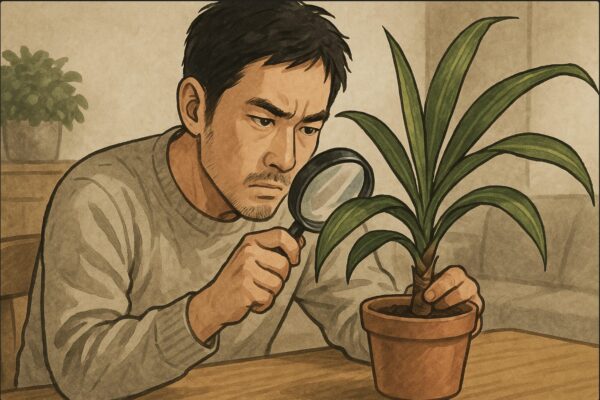 日本人男性がテーブルに置いたドラセナの鉢を前に、ルーペを手に幹の付き方や葉の接合部を近距離で観察している。表情は真剣、背景は落ち着いた室内。動作の「ルーペで構造を確認する」を明確に表現。