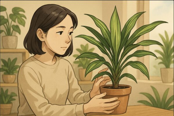 日本人女性が室内で、ドラセナの鉢を両手で持ち、葉の広がりや形をじっくり見比べるように眺めている。背景には観葉植物が数種類置かれた棚。柔らかい自然光。動作が「植物を観察する」と明確に分かる構図。