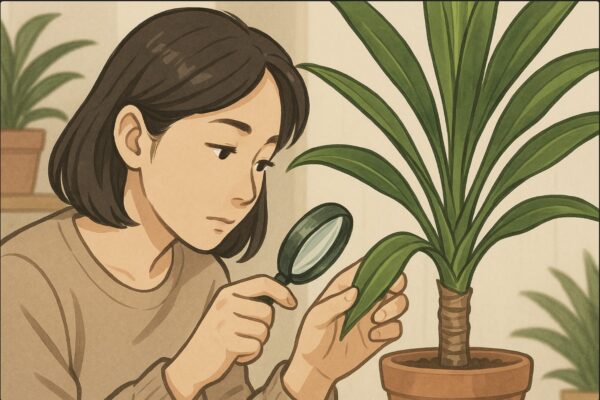 日本人女性がドラセナの葉を指で軽く持ち上げ、葉柄が無いことを確認するように茎付近を覗き込んでいる場面。葉の付け根を確認する動作が主役。