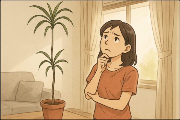 日本人女性が室内の窓際で、背の高くひょろひょろに伸びたドラセナを見上げながら、困った表情で観察している。背景には柔らかい日差しが差し込むリビング。鉢植えのドラセナの茎が細く長く伸びている様子が明確にわかる。