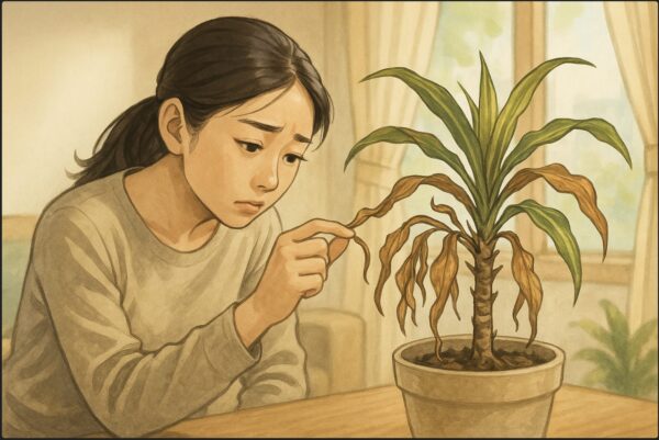 日本人女性が室内で枯れかけたドラセナの鉢を前に心配そうに覗き込み、葉先を指でつまんで確認している。背景には明るいリビングの窓辺、柔らかい自然光。