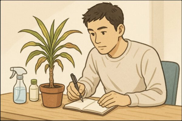 日本人男性が机の上に置いたドラセナを前に、ノートとペンを持ち原因をメモしている。机の上には水差しや肥料が置かれており、観察の様子。