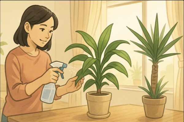 日本人女性がリビングでドラセナに霧吹きで葉水をしている。隣のユッカはやや離れた窓辺に置かれている。やわらかい朝の光が差し込み、植物の配置の違いが分かる。