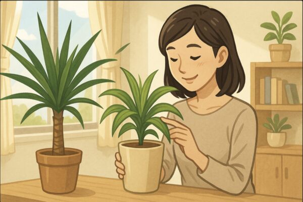 明るいリビングで、日本人女性がドラセナの鉢を両手で持ち、横に置かれたユッカと見比べている。ドラセナの葉の柔らかさを確かめるように微笑む表情。背景に自然光が差し込む窓と木の棚。