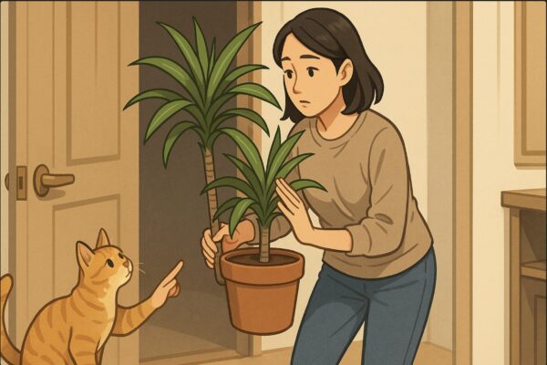 日本人女性がドラセナを猫の届かない部屋へ移動させるため、扉を閉める直前に鉢を持ち上げて運んでいる。後ろで猫が植物に近づこうとしているのを女性が軽く制止するしぐさ。