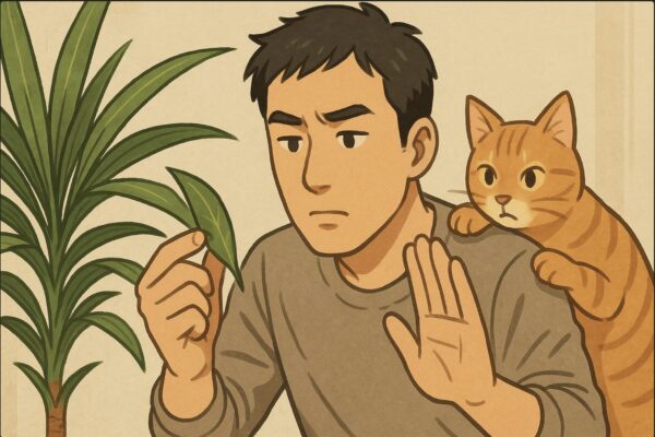 日本人男性がドラセナの葉を1枚手に取り、葉の表面を指先で触って毒性を調べるように慎重に観察している。猫が後ろでその葉に興味を示して覗き込んでおり、男性は手で制止しながら危険性を確認している。