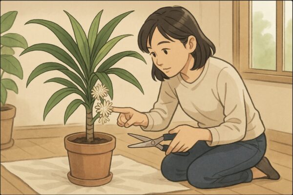 日本人女性が片手に清潔な園芸バサミ、もう片手でドラセナの花茎の位置を確認しながら「どこを切るか」を見極めている。鉢の下には落ちた蜜を受けるためのシート。表情はていねいで落ち着いている。室内の明るい日陰。