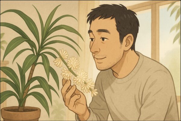 日本人男性がドラセナの長い花茎の先に房状に咲いた白〜クリーム色の花を顔を近づけて観察し、指先で一房だけそっと持ち上げて特徴をチェックしている。背景は室内、窓からやわらかい光。ドラセナの「めったに咲かない特別な花」を見極めている場面。