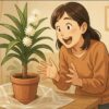 明るい日本のリビングで、日本人女性が、白く房状に咲いたドラセナの花を驚きと喜びの表情でのぞき込んでいる。鉢の周りには簡単な養生用のビニールシートを用意していて「咲いた時の対処をこれからする」雰囲気。室内は観葉植物があるナチュラルテイスト。