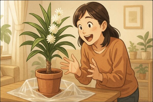 明るい日本のリビングで、日本人女性が、白く房状に咲いたドラセナの花を驚きと喜びの表情でのぞき込んでいる。鉢の周りには簡単な養生用のビニールシートを用意していて「咲いた時の対処をこれからする」雰囲気。室内は観葉植物があるナチュラルテイスト。