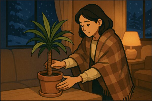 冬の夜、窓際から少し離れた暖かいリビングにドラセナを移動させる日本人女性。外は雪景色で、室内には暖かい照明。女性が毛布を肩にかけながら植物の位置を整えている。