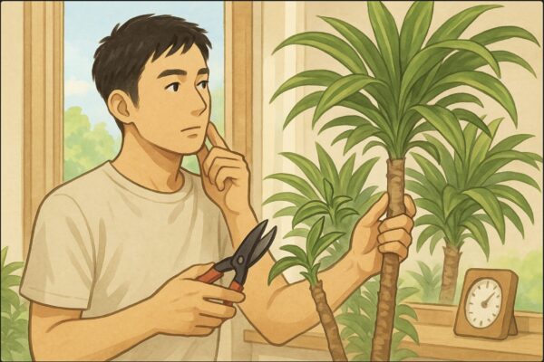 初夏のやわらかな光が差し込む窓辺で、日本人男性がドラセナを横に置き、片手で剪定ばさみを持ちながら窓の外の季節感（緑の樹木・明るい空）を確認している。近くに置いた室内温度計を軽く見る仕草で「今の時期なら回復しやすい」と判断している様子。ドラセナは健康で葉が多い。