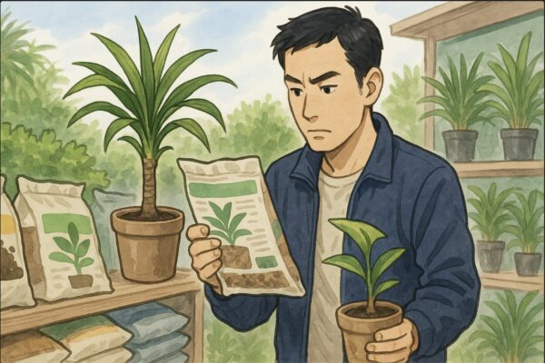 日本人男性が園芸用品店の屋外売り場で、複数の土の袋を比べながらドラセナの鉢を片手に選んでいる。真剣な表情で成分表を確認している姿。背景には緑の植物が並ぶ。