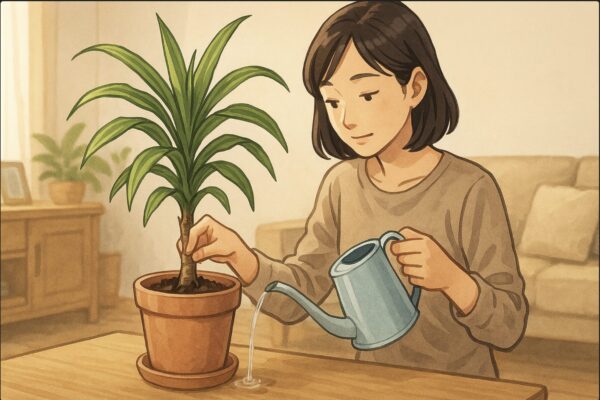 日本人女性がリビングで、ドラセナの鉢にジョウロで丁寧に水を与え、余分な水が鉢底から抜けるのを確認している。背景に木製の家具と柔らかな自然光。