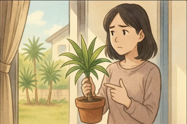 日本人女性が観葉植物のドラセナ(幸福の木)を手に取り、外の庭を見つめながら「これを地植えできるの?」と迷っているような仕草。室内と屋外が両方映り、温度差を感じる構図。