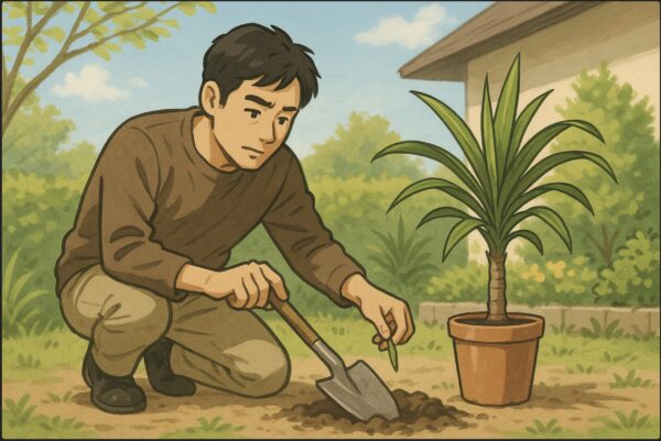 日本人男性が庭の地面をスコップで掘りながら、ドラセナの鉢を横に置いて地植えできるか確認している。後ろに花壇や低木があり、表情は慎重。春の日差しで自然な屋外シーン。