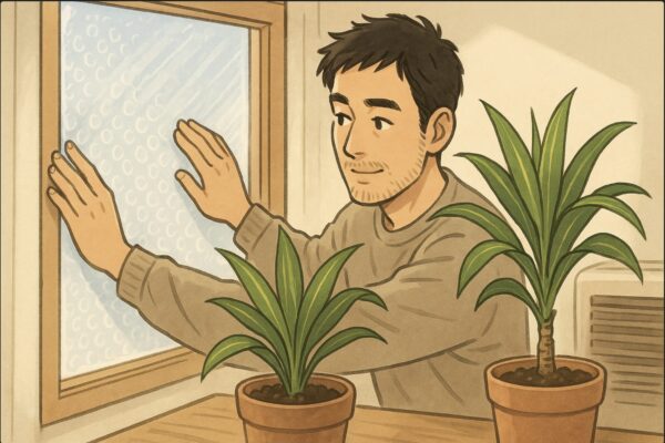 日本人男性が断熱シートを窓に貼りながら、近くにあるドラセナの鉢を気遣うように見ている。窓辺には柔らかい日差しが入り、暖房の風を避けるような配置。