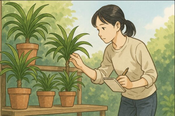 日本人女性がメモ帳を片手に、屋外の棚に並ぶ複数のドラセナ鉢を点検している。手で葉の状態を確かめながら、明るい日陰に鉢を並べ直している場面。