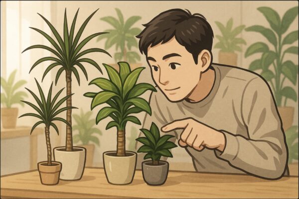 テーブルの上に3〜4種類のドラセナ（コンシンネ、マッサンゲアナ、コンパクタなど形の違うもの）が並び、日本人男性が身をかがめて、それぞれの高さや葉ぶりを指で示しながら見比べている場面。背景は室内の観葉植物コーナーで、自然光が差し込んでいる。