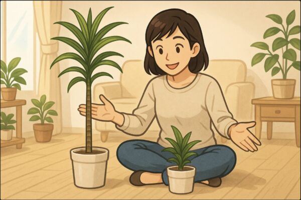 明るい日本のリビングで、日本人女性が2つのドラセナ（1つは背が高くて葉がよく伸びている、もう1つは小さくてコンパクトな株）を床に並べて、手を広げて成長差を示すジェスチャーをしている。室内には窓から柔らかい光が入り、観葉植物がいくつか置かれている。