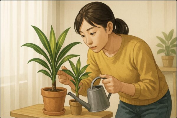 日本人女性がドラセナの鉢を前に、片手でジョウロを持って水やりの量を慎重に調整しながら、もう片方の手で葉の色と張りを確認している場面。後方にはレースカーテン越しの窓と、置き場所を変えられるような小さな台。管理・コントロールの動作が分かるようにやや前かがみ。