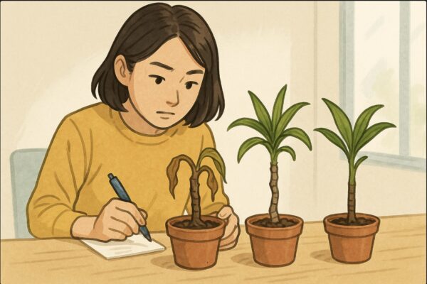 日本人女性がテーブルの上に3つの小鉢を並べ、それぞれ「腐った茎」「しわしわの茎」「根が出ない茎」のドラセナを比較している。手にはメモ用紙とペンを持ち、観察記録を取っている様子。清潔な作業空間、自然光。