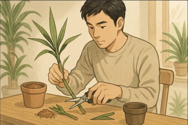 日本人男性が作業台の上で、清潔なハサミでドラセナの茎を斜めにカットし、横には新しい赤玉土や鉢を準備している。丁寧で慎重な手つき、背景に明るい室内植物。