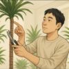 室内の明るい観葉植物コーナーで、日本人男性が天井近くまで伸びたドラセナを前に、片手で剪定ばさみを持ち、もう片手で「ここを切る」という位置を幹の少し上で示している。健康そうなドラセナの葉が背景に複数あり、清潔感のあるナチュラルな室内。
