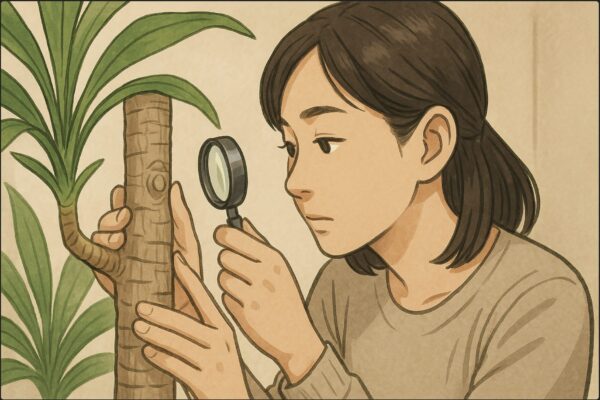 日本人女性がドラセナの幹に顔を近づけ、指先と小さなルーペで幹表面のコブ状の「成長点」をじっくり観察しているシーン。ドラセナの幹には葉痕があり、ポイントとなる節がわかるように手で押さえている。背景は落ち着いた室内。