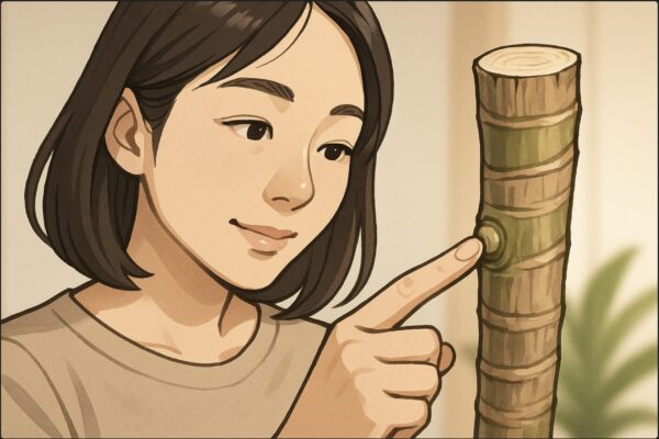 日本人女性がドラセナの幹を胸の前に持ち上げ、切り口のすぐ下にある小さなふくらみ（休眠芽・成長点）を人差し指でピンポイントに指し示しているクローズアップ構図。幹の色の違いと節がわかるようにライティングを当てた室内。